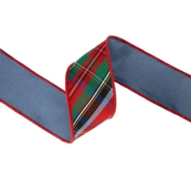 Ribbon, Red/Green/Blue plaid wired Dupioni with blue backing, 2.5in x 10yd