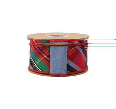 Ribbon spool: red, green and blue plaid wired dupioni with blue backing, 2.5in x 10yd