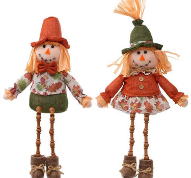 Plush scarecrow shelf sitter set of 2, 15H, Special T merchandise, orange hats, leaf-pattern outfits