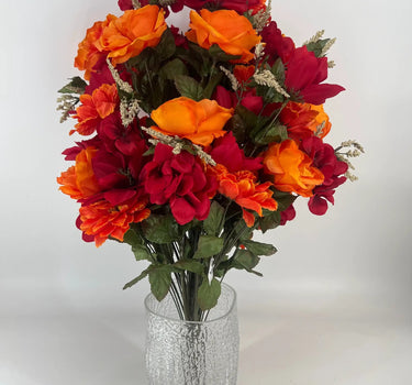 GSC Rose/Hydrangea/Star Flower Mixed Bush Scarlet/Orange 31" - Artificial Flowering Plants Silk