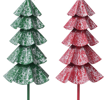 Small Whitewash Tree pair, 21.5in tall, green and red metal trees with star patterns by Special T
