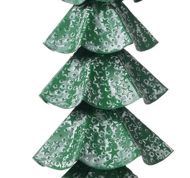 Green metal decorative Christmas tree with star-patterned branches and star topper on a pedestal base.