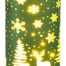 Special T Lit Green Deer/Tree Spinner Hurricane lantern, 8H, green cylinder with yellow-lit deer, trees and snowflakes.