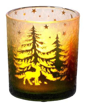 Glass deer candleholder with amber gradient, forest trees and deer silhouettes inside, 3.25 inches tall