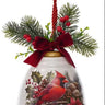 Metal Cardinal Bell with red cardinal, pinecones and holly design, red ribbon, hanging cord.