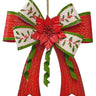 Hanging metal bow with poinsettia; red and white holly-printed panels, green trim, 17 inches tall, Special T merchandise