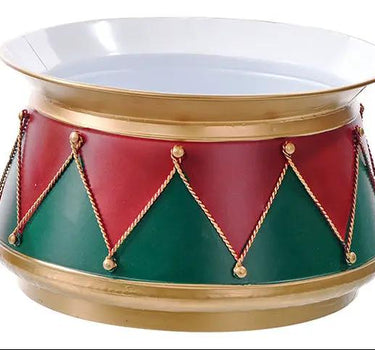 Metal Nutcracker Drum Container by Special T in red and green diamond panels with gold trim.