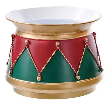 Metal nutcracker drum container with red and green panels, gold trim and rope accents.
