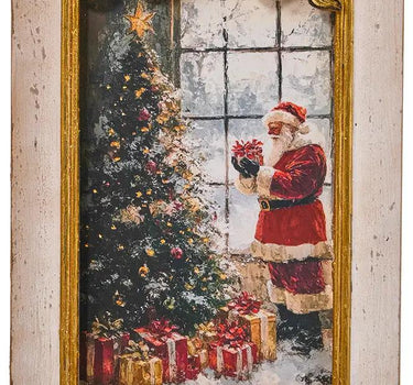 Wood Santa with Tree wall art by Special T, distressed white wood frame with gold trim, 11.5 x 16.5 inches