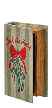 Linen Holiday Book Box by Special T; striped linen cover with red bow and holly motif
