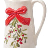 Ceramic Leaf/Berry/Bow Pitcher 7.75H, white with red bow and holly leaves/berries, Special T merchandise