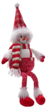 Fabric shelf sitter snowman, 23-inch tall, red and white with striped scarf, red overalls, and white fur trim hat