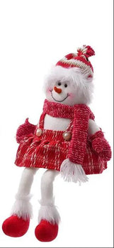 Fabric red/white shelf sitter snowman wearing a red knit hat and scarf with white trim