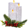 Light Up Acrylic Triple Candle by Special T, 8x5x6 in, with festive pine greenery, red berries and pinecones.