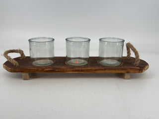 Three Glass Candle Holders on Wood Base 18.5”L