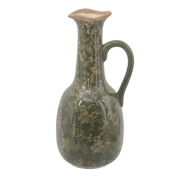 Ceramic Olive Green Floral Motif Pitcher Vase Large 7" x 6" x 14"