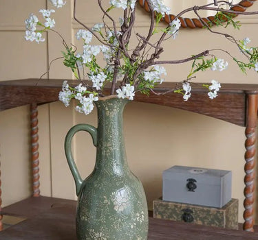 Ceramic Olive Green Floral Motif Pitcher Vase Large 7" x 6" x 14"