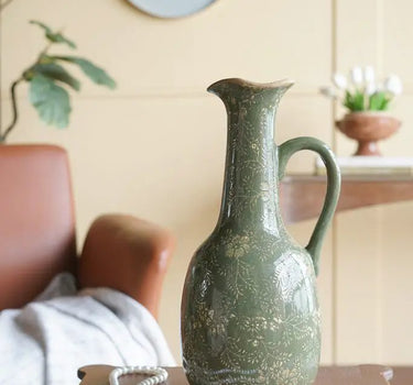 Ceramic Olive Green Floral Motif Pitcher Vase Large 7" x 6" x 14"