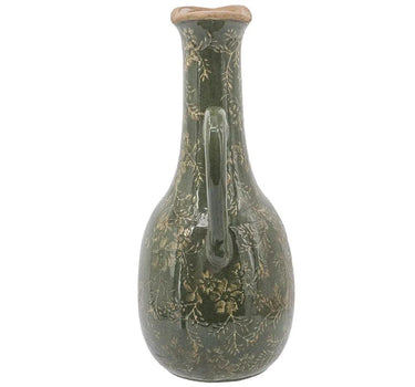 Ceramic Olive Green Floral Motif Pitcher Vase Large 7" x 6" x 14"