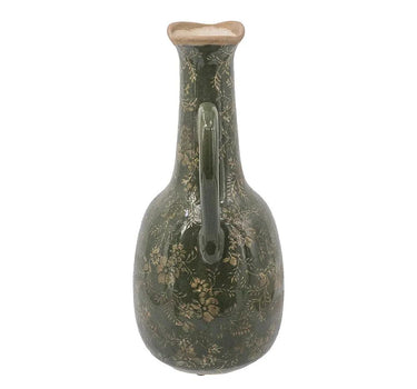 Ceramic Olive Green Floral Motif Pitcher Vase Small 6" x 5" x 12"