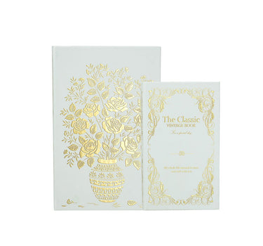 Decorative Book Box with White and Gold Floral Motifs and Text Small 5" x 8.3"