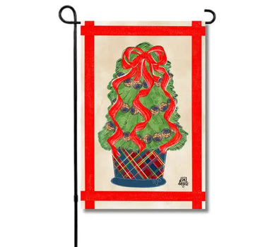 Garden flag featuring a green Christmas tree with a large red bow on a navy plaid base, DK Designs.