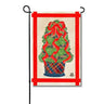 Garden flag featuring a green Christmas tree with a large red bow on a navy plaid base, DK Designs.