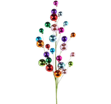 Raz Multicolor Ball Ornament Spray, 31-inch silk branch with glossy colorful ornaments.