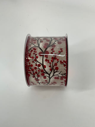 Light Natural Linen/Deep Red Berries Ribbon 2.5”x10yd