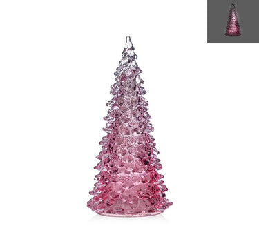 Lit pink glass Christmas tree by Diamond Star, 4.5 in diameter x 9 in high.