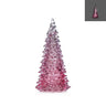 Lit pink glass Christmas tree by Diamond Star, 4.5 in diameter x 9 in high.