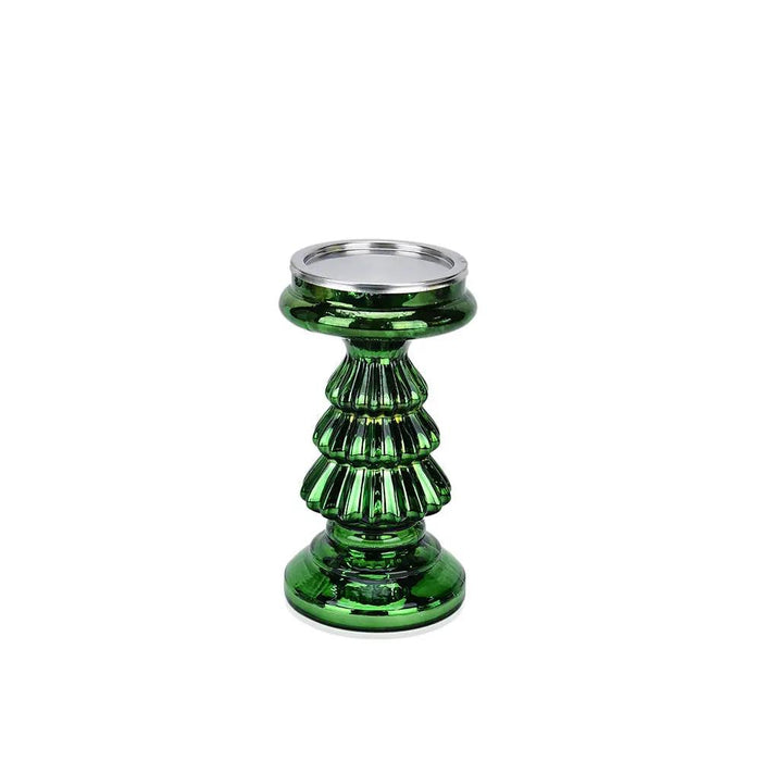Green Glass Christmas Tree Candle Holder 4.5"D x 8"H