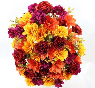GSC silk artificial bouquet with large red, magenta and orange roses and yellow blooms, 31 inches