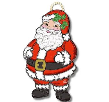 Door hanger: Jolly Saint Nick in red Santa suit with white trim, holly accents, black belt by DK Designs