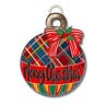 Plaid Bulb Holiday Door Hanger by DK Designs; circular art with red bow, holly, Merry Christmas banner.