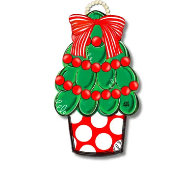 Red Dot Christmas Tree Door Hanger by DK Designs; green tree with red bead garland and red and white polka-dot pot