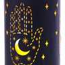 Metal Tarot Hand Candle Holder, 8 in tall, dark navy exterior with orange interior and moon-star cutouts.