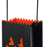 Metal jack-o-lantern container with handle; black body with orange pumpkin face cutouts.