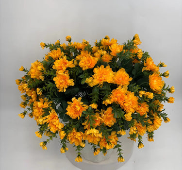 GSC Mandarin Yellow Mum hanging basket with 2 bushy artificial flowering plants