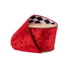 Ribbon: red velvet wired ribbon on a spool with black and white checker backing, 4in x 10yd
