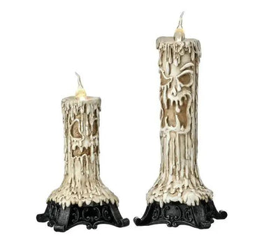 LED Ghost Battery Candle Holder with Timer, Regency, ivory dripping-wax candles on black bases, set of 2.
