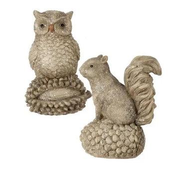 Resin winter chalet owl and squirrel figurine set, Regency, 6-inch beige-toned, two pieces.