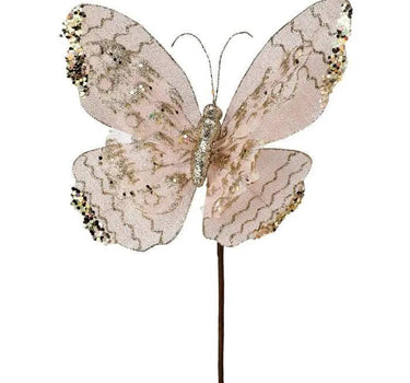 Regency Blush Sheer Organza/Sequin Butterfly Stem 17" - Seasonal & Holiday Decorations Silk