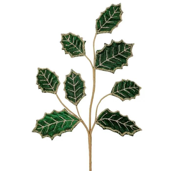 Beaded Velvet Holly Leaf Spray Green/Gold 27"