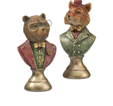 Resin fox and bear bust figurines, Regency merchandise, pair wearing glasses on gold-tone bases