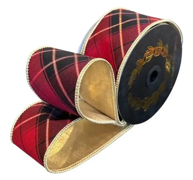John Mark - JME Burgundy-Gold Plaid Metallic Ribbon  2.5" x 10yd