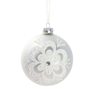 White pearl glass ball ornament, 3-inch, by A&B, with glittery silver floral design.