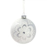 White pearl glass ball ornament, 3-inch, by A&B, with glittery silver floral design.