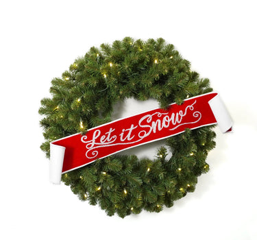 Banner ribbon Let It Snow in red and white, 6 x 48, draped around a pine wreath with lights.