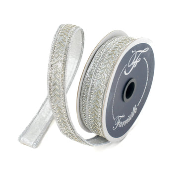 Ribbon: Silver baguette-trim ribbon by Farrisilk, .75 in x 5 yd, metallic beaded trim.
